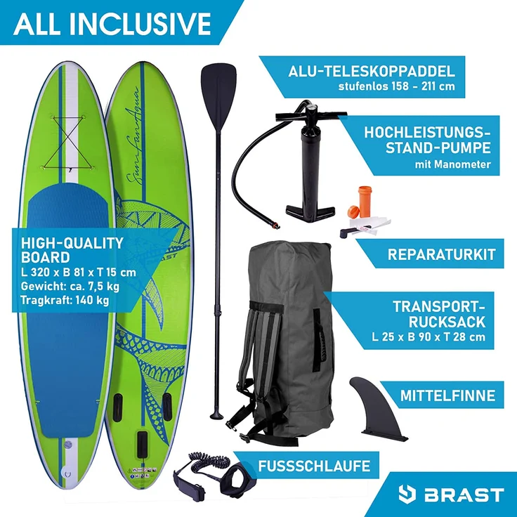 BRAST SUP Board Shark Aufblasbares Stand up Paddle Set 320x81x15cm Grün incl. Zubehör Fußschlaufe Paddel Pumpe Rucksack – Bild 9