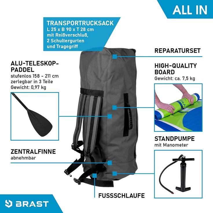 BRAST SUP Board Shark Aufblasbares Stand up Paddle Set 320x81x15cm Grün incl. Zubehör Fußschlaufe Paddel Pumpe Rucksack – Bild 8