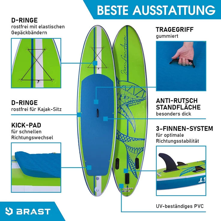 BRAST SUP Board Shark Aufblasbares Stand up Paddle Set 320x81x15cm Grün incl. Zubehör Fußschlaufe Paddel Pumpe Rucksack – Bild 5