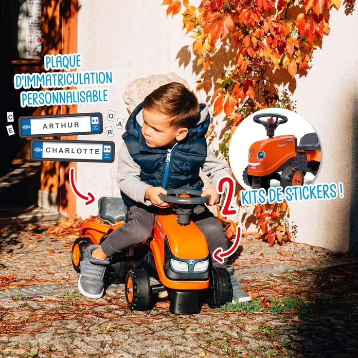 Falk Traktor Kubota mit Anhänger – ab 12 Monaten Schaufel und Rechen – 2 Styles zur Personalisierung – Nummernschild personalisierbar – 260 C – Bild 3