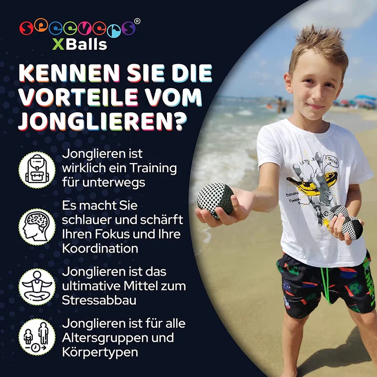 speevers XBalls Hohe Qualität Jonglierbälle Kinder Anfänger und Profi 3er Set, Jonglieren in 15 Farben, Jonglierset für Erwachsene, Anfänger Beanbags mit Tragetasche (schwarz-weiß, 120g) – Bild 6