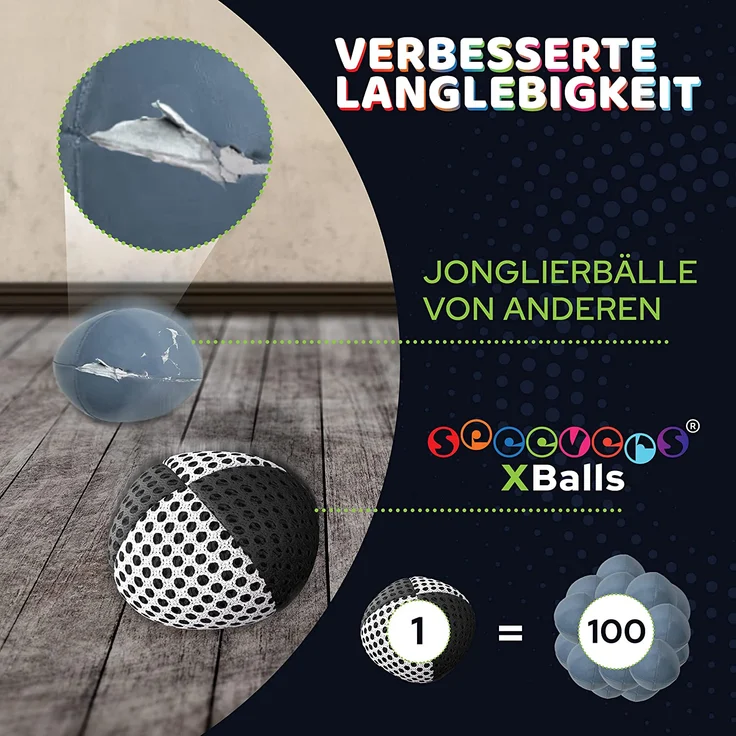 speevers XBalls Hohe Qualität Jonglierbälle Kinder Anfänger und Profi 3er Set, Jonglieren in 15 Farben, Jonglierset für Erwachsene, Anfänger Beanbags mit Tragetasche (schwarz-weiß, 120g) – Bild 3