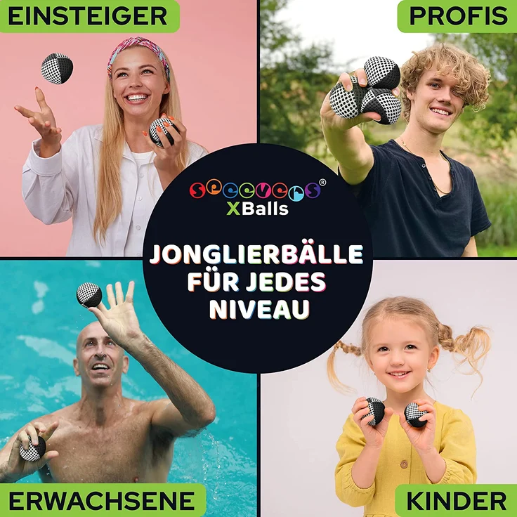 speevers XBalls Hohe Qualität Jonglierbälle Kinder Anfänger und Profi 3er Set, Jonglieren in 15 Farben, Jonglierset für Erwachsene, Anfänger Beanbags mit Tragetasche (schwarz-weiß, 120g) – Bild 2
