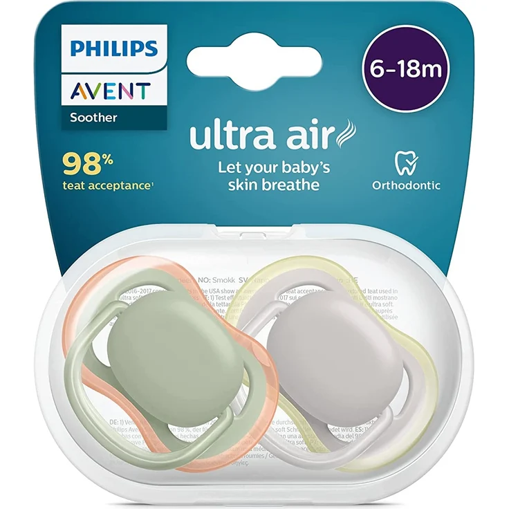 Philips Avent Ultra Air Schnuller, 2er-Pack – BPA-freier Schnuller für Babys von 6 bis 18 Monaten, Khaki/Orange und grau/gelb (Modell SCF085/20) – Bild 1