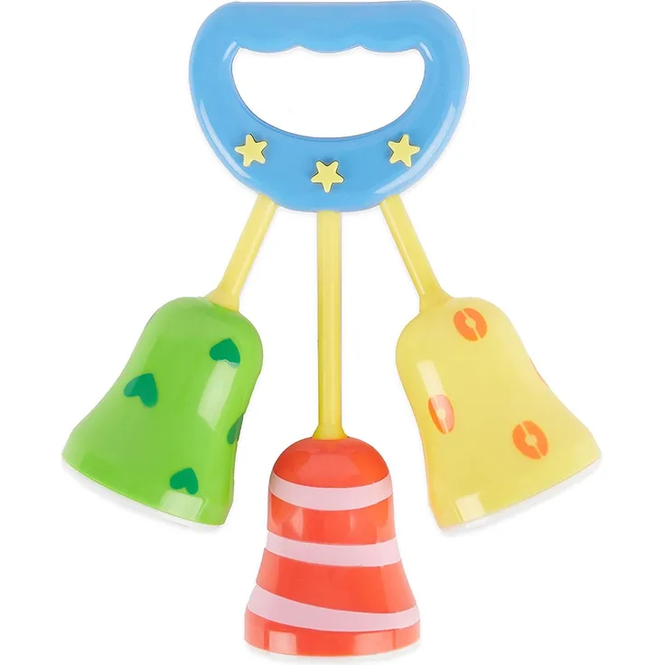 Bieco 41002136 Baby Spielzeug Rasselglöckchen, Griffrassel Glöckchen, Babyrassel mit Griff und 3 Glocken als Bunte Rasseln, farbenfrohe Stielrassel, Motorikspielzeug für Babys Ab 3M+, Mehrfarbig