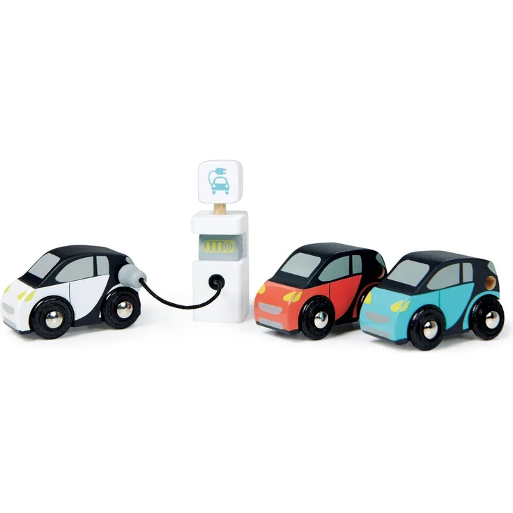 Holzspielzeug, 3 Elektro Autos mit Aufladestation, von tender leaf toys – Bild 1