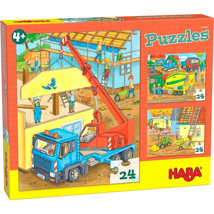 HABA 305469 - Puzzles Auf der Baustelle, Puzzlesammlung mit 3 Baustellen-Motiven für Kinder ab 4 Jahren, Baustellenpuzzles mit je 24 Teilen zum Training der Konzentration und Feinmotorik – Bild 1