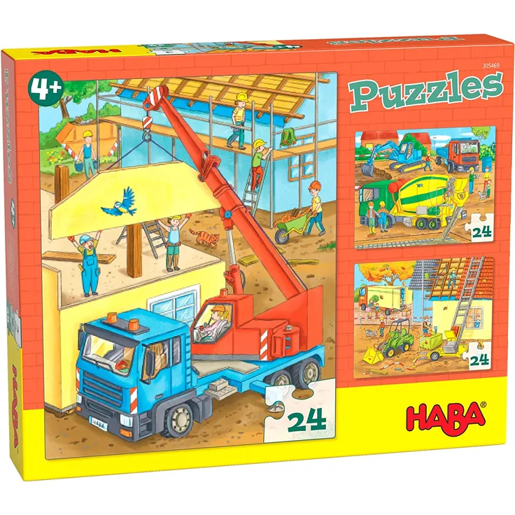 HABA 305469 - Puzzles Auf der Baustelle, Puzzlesammlung mit 3 Baustellen-Motiven für Kinder ab 4 Jahren, Baustellenpuzzles mit je 24 Teilen zum Training der Konzentration und Feinmotorik