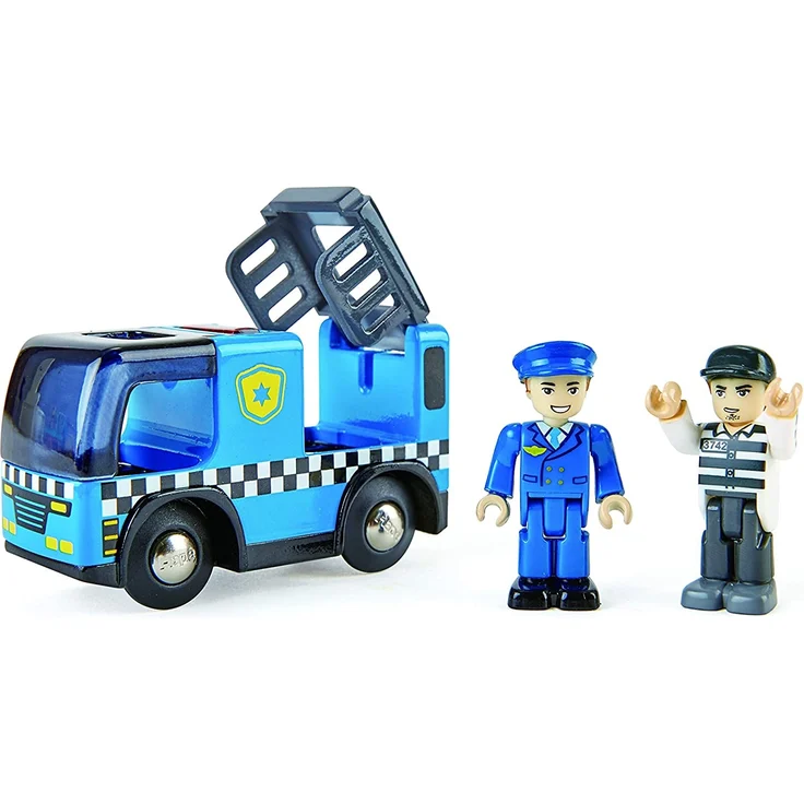 Hape E3738 Polizeiauto mit Sirene, Spielfigur &-Fahrzeug, Eisenbahnwelt, blau – Bild 1