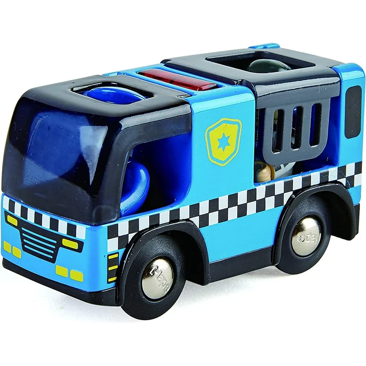 Hape E3738 Polizeiauto mit Sirene, Spielfigur &-Fahrzeug, Eisenbahnwelt, blau – Bild 2