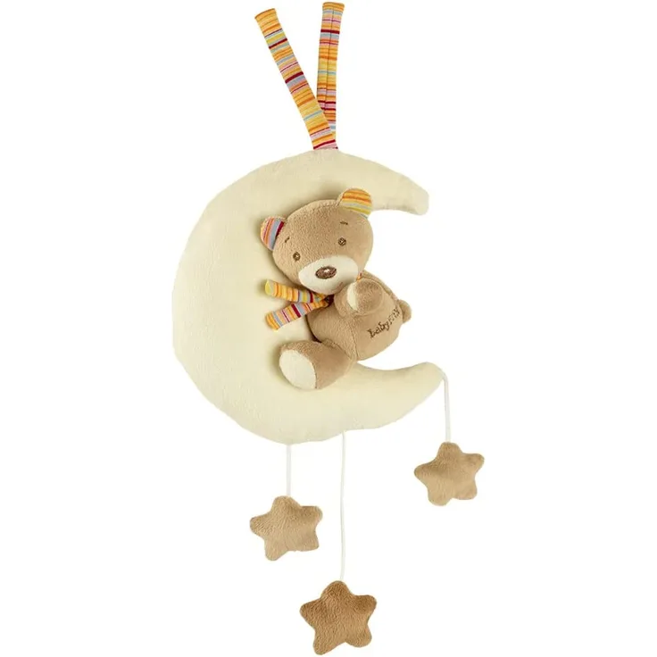 Fehn 160185 Spieluhr Teddy im Mond / Aufzieh-Spieluhr mit waschbarem Spielwerk - Spielt sanfte Einschlafmelodie für Babys und Kleinkinder ab 0+ Monaten