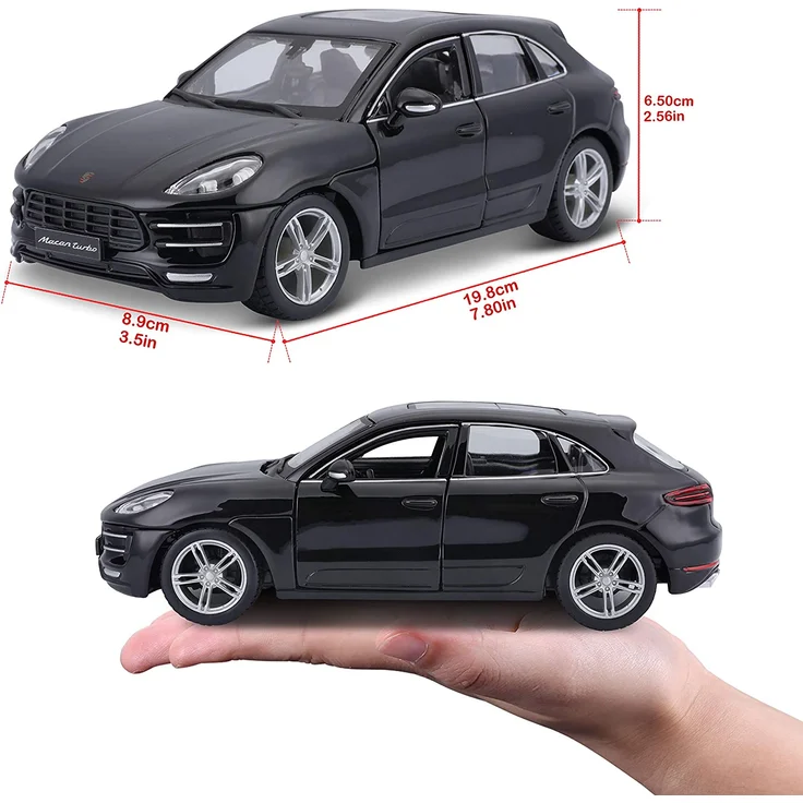 Bburago Porsche Macan: Modellauto im Maßstab 1:24, Türen und Motorhaube zum Öffnen, lenkbar, 19 cm, schwarz (18-21077) – Bild 6