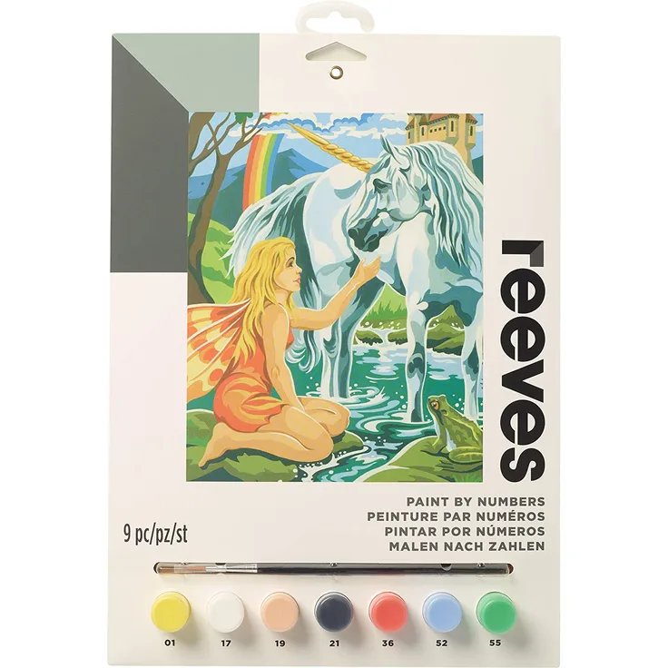 Reeves PPPNJ81 Malen nach Zahlen, Größe 22 x 30cm - Motiv: Einhorn - 1 Pinsel, 7 Acrylfarben in 5ml Töpfchen