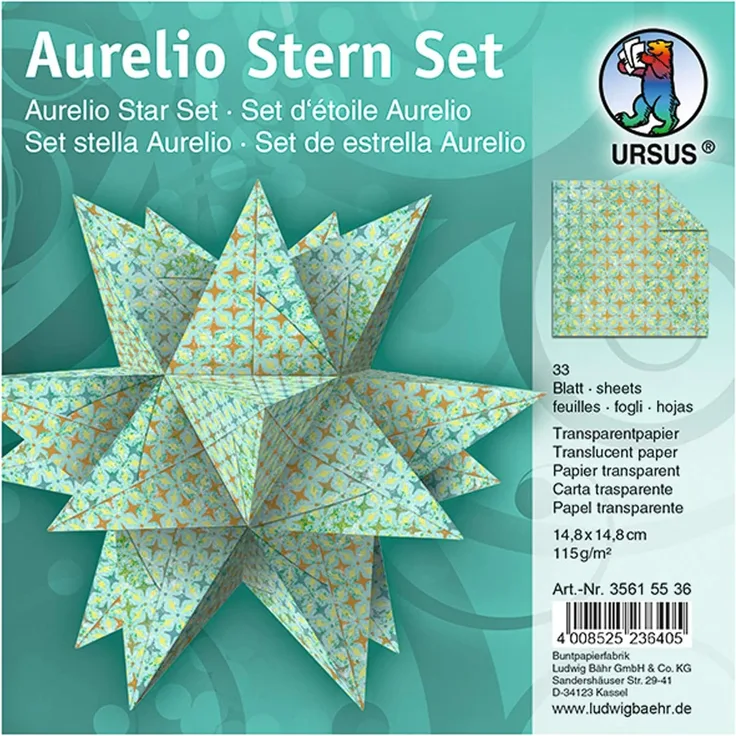 Ursus 35615536 - Faltblätter Aurelio Stern Paradiso, türkis, 33 Blatt, aus Transparentpapier 115 g/qm, ca. 14,8 x 14,8 cm, einseitig bedruckt, ideal als Weihnachtsdeko