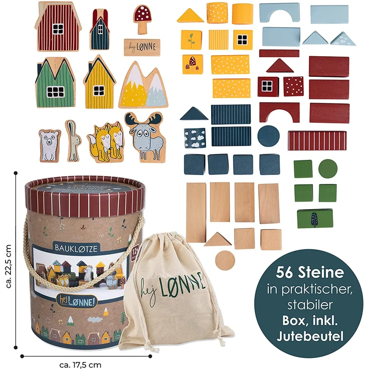 HEJ LØNNE Holzbausteine 56-teilig in Box - Kinder Spielzeug ab 1 Jahr - Motorikspielzeug - Bauklötze Holz - Holzspielzeug Baby - Preisvergleich – Bild 2