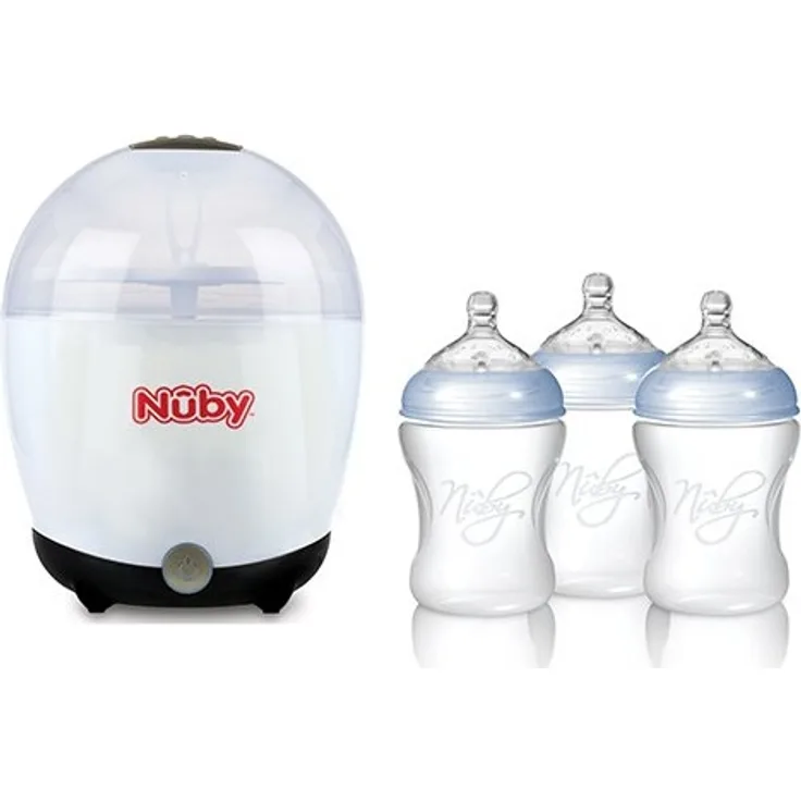 Nuby NTVP39 Vaporisator/Sterilisator für 5 Flaschen und Zubehör inklusiv 3x PP Flasche, 240 ml, weiß