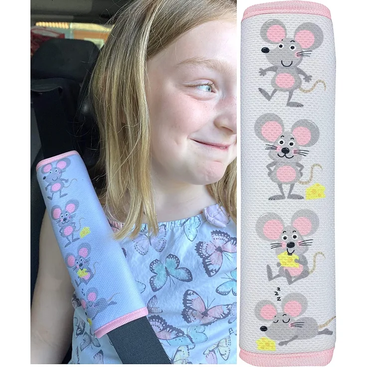 HECKBO® 1x Auto Gurtschutz mit niedlichem Maus Motiv - Sicherheitsgurt Schulterpolster Schulterkissen Gurtschoner Autositze Gurtpolster für Kinder, Mädchen - Schutz vor Gurt Einschneiden
