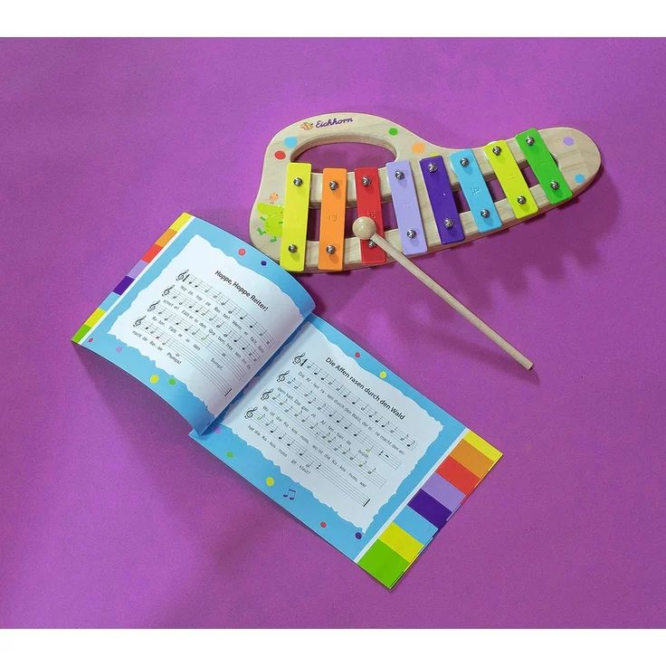 Eichhorn 100003482 Musik xylophon aus Holz Bunte Tonleiter mit 8 Tönen, inkl. 1 Klöppel und Liederbuch mit fünf Liedern zum nachspielen, 3 teilig, 30 x 15 cm groß, ab Zwei Jahren – Bild 6