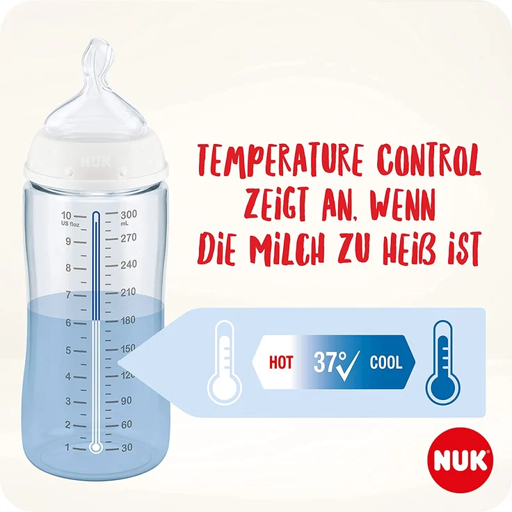 NUK First Choice+ Babyflasche im Set | 0–6 Monate | Temperature Control Anzeige | 300 ml | Anti-Colic-Ventil | BPA-frei | Trinksauger aus Silikon | 3 Stück | rosa Giraffe – Bild 2