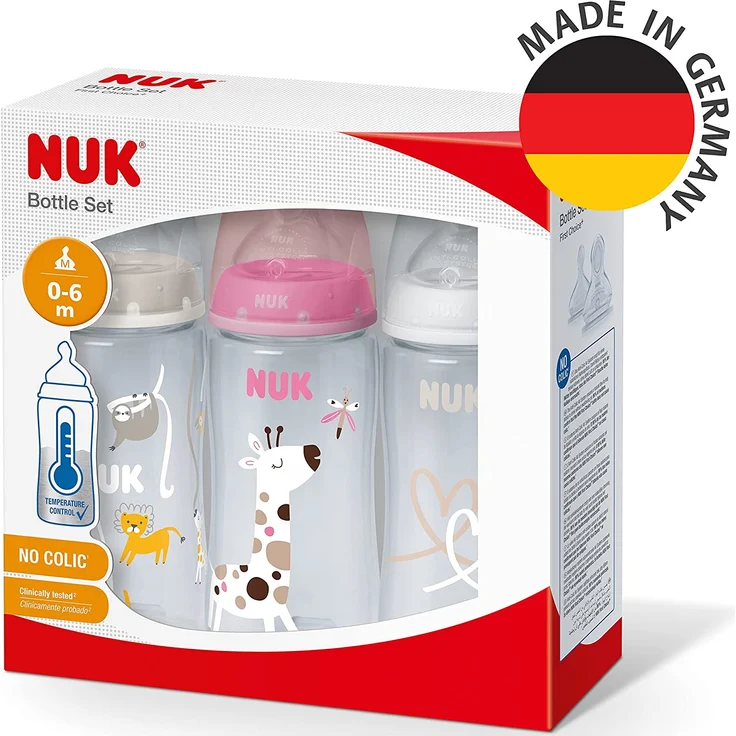 NUK First Choice+ Babyflasche im Set | 0–6 Monate | Temperature Control Anzeige | 300 ml | Anti-Colic-Ventil | BPA-frei | Trinksauger aus Silikon | 3 Stück | rosa Giraffe – Bild 6
