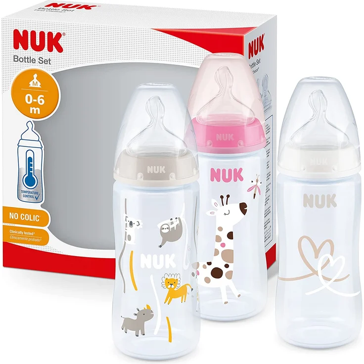 NUK First Choice+ Babyflasche im Set | 0–6 Monate | Temperature Control Anzeige | 300 ml | Anti-Colic-Ventil | BPA-frei | Trinksauger aus Silikon | 3 Stück | rosa Giraffe – Bild 1