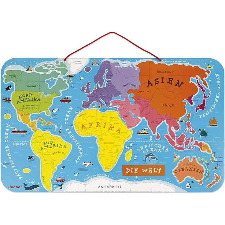 Janod Puzzle Weltkarte - Magnetische Landkarte aus Holz, 92 Magnetische Puzzle-Teile - 70 x 43 cm - Deutsche Version - Lernspiel ab 7 Jahren, J05490 – Bild 2