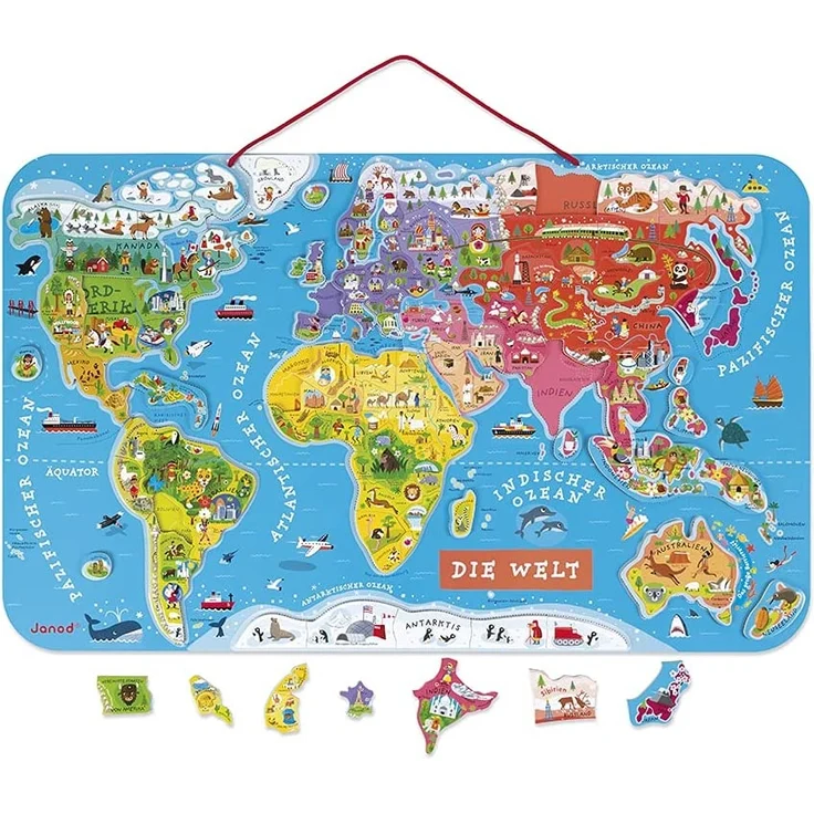 Janod Puzzle Weltkarte - Magnetische Landkarte aus Holz, 92 Magnetische Puzzle-Teile - 70 x 43 cm - Deutsche Version - Lernspiel ab 7 Jahren, J05490 – Bild 1