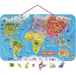 Janod Puzzle Weltkarte - Magnetische Landkarte aus Holz, 92 Magnetische Puzzle-Teile - 70 x 43 cm - Deutsche Version - Lernspiel ab 7 Jahren, J05490