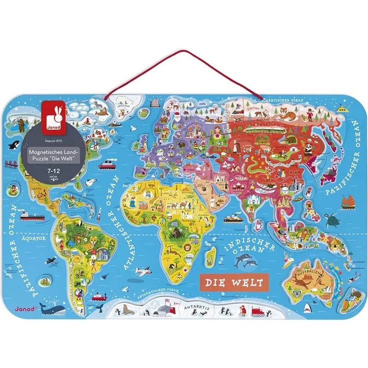 Janod Puzzle Weltkarte - Magnetische Landkarte aus Holz, 92 Magnetische Puzzle-Teile - 70 x 43 cm - Deutsche Version - Lernspiel ab 7 Jahren, J05490 – Bild 7