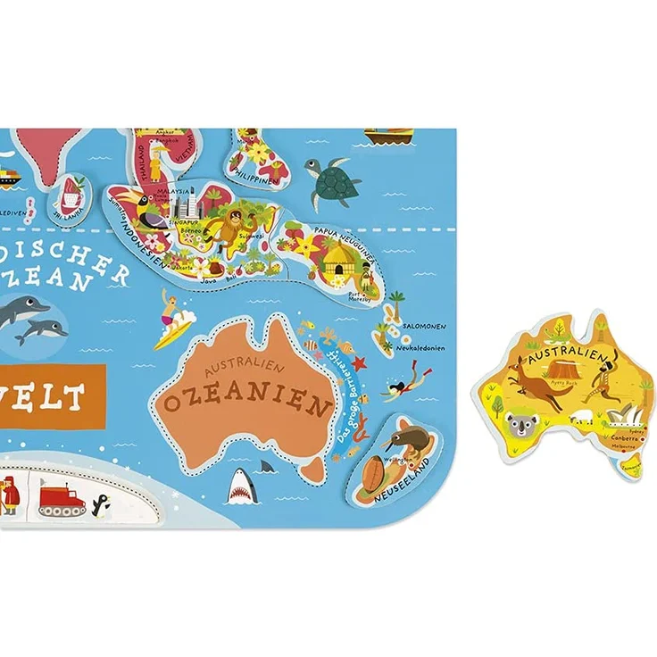 Janod Puzzle Weltkarte - Magnetische Landkarte aus Holz, 92 Magnetische Puzzle-Teile - 70 x 43 cm - Deutsche Version - Lernspiel ab 7 Jahren, J05490 – Bild 4