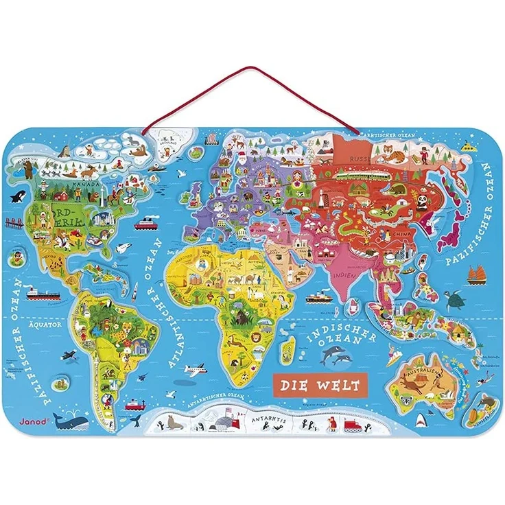 Janod Puzzle Weltkarte - Magnetische Landkarte aus Holz, 92 Magnetische Puzzle-Teile - 70 x 43 cm - Deutsche Version - Lernspiel ab 7 Jahren, J05490 – Bild 3