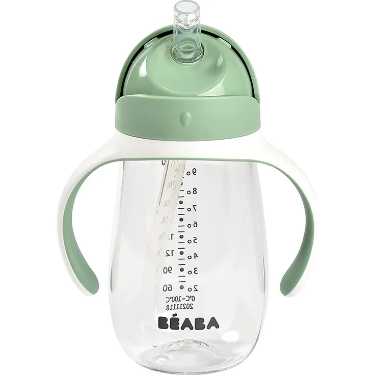 BÉABA - Trinklernbecher - 2 in 1 Babyflasche - Kindertasse mit Strohhalm - 100% dicht - Leicht zu öffnen - Abnehmbare Griffe -Tritan und Silikon - 300 ml - Salbeigrün