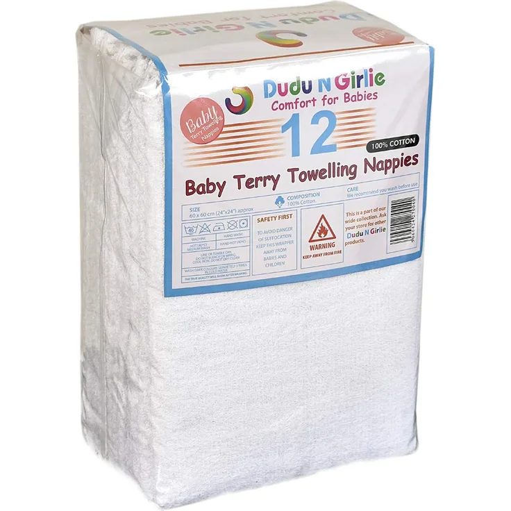 DuDu N Girlie Baby Frottee 100% Baumwolle Windeln, Weiß, 12 Stück