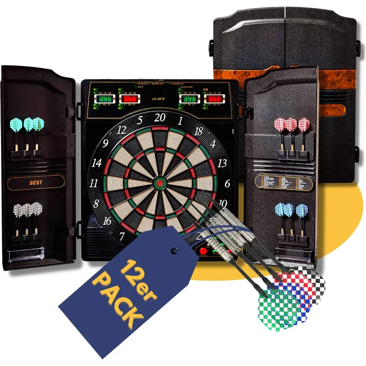 Best Sporting Dartscheibe elektronisch Oxford Evolution I Dartscheibe elektronisch mit LED-Anzeigen I E-Dartscheibe mit 12 Dartpfeilen & Ersatzspitzen I Dartboard Kabinett mit Walnuss-Optik – Bild 1