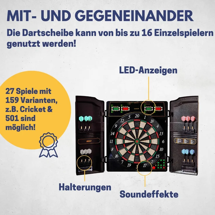 Best Sporting Dartscheibe elektronisch Oxford Evolution I Dartscheibe elektronisch mit LED-Anzeigen I E-Dartscheibe mit 12 Dartpfeilen & Ersatzspitzen I Dartboard Kabinett mit Walnuss-Optik – Bild 4