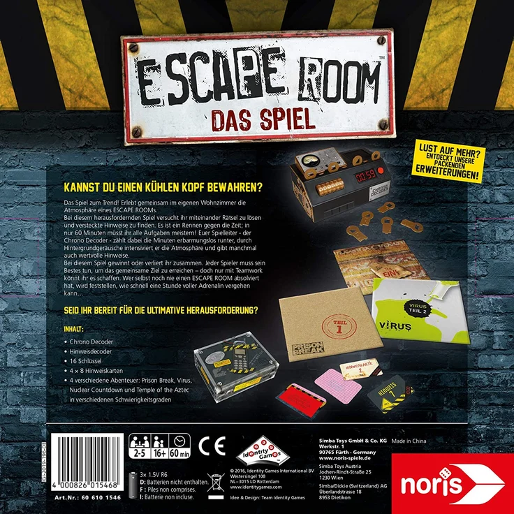 Noris 'Escape Room - Das Spiel' Denkspiel, ab 16 Jahren, 2 - 5 Spieler, ca. 60 min Spielzeit, inkl. 4 Fällen und Chrono Decoder – Bild 3
