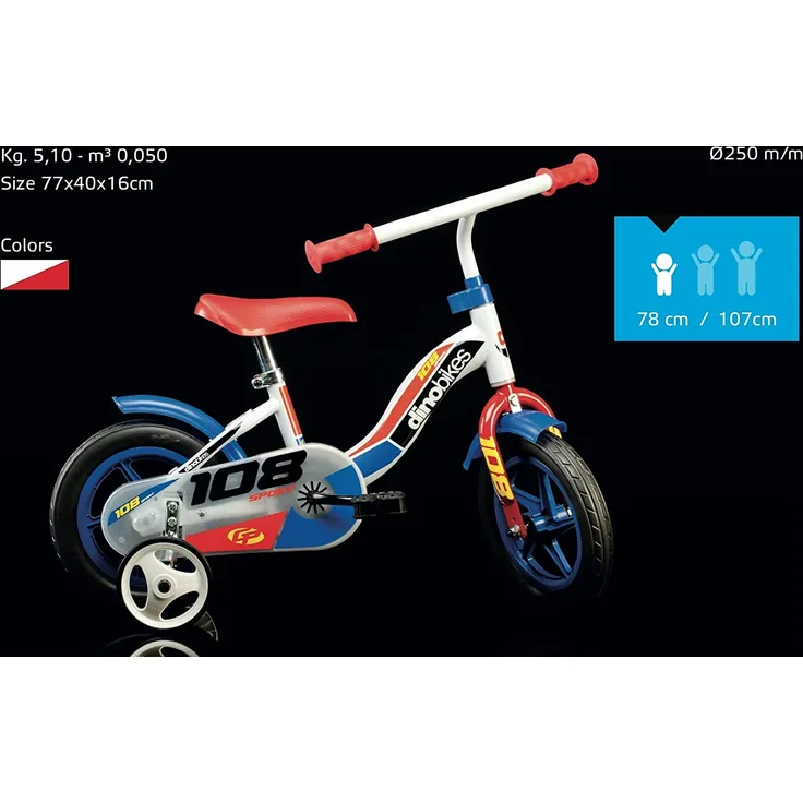 Dino 108 Sport Jungen - Kinderfahrrad, 10 Zoll, 17 cm, Weiß / Rot / Blau