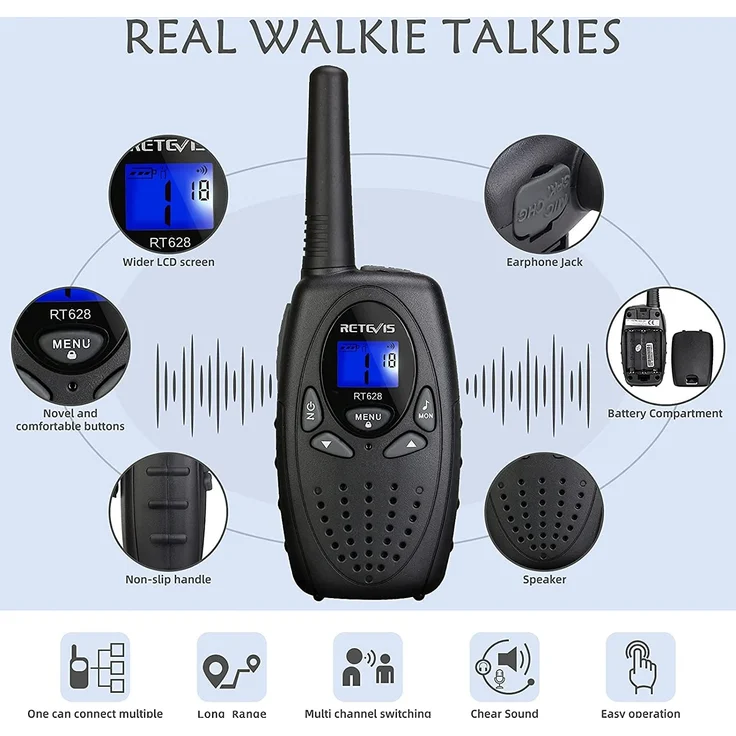Retevis RT628 Funkgerät Kinder,Walkie Talkie Aufladbar, PMR446 VOX Große Reichweite Woki Toki für Familie, Spy Kids Wandern,Garten(1 Paar, Schwarz) – Bild 2
