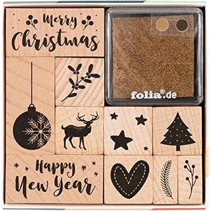 folia 31108 - Holzstempelset Christmas, inklusive 10 Holzstempel und 2 Stempelkissen - ideal zum Verzieren von Karten, Freundschaftsbüchern, für Lettering und Scrapbooking - Preisvergleich – Bild 2