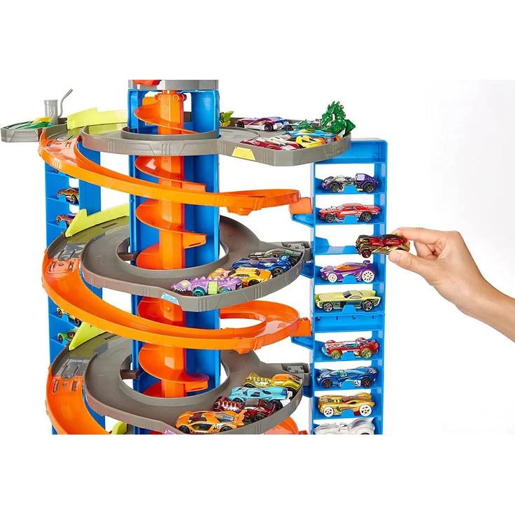 Hot Wheels HFH03 - City Power-Parkgarage Spielset mit Aufzug, für 60+ Fahrzeuge, mit 1 Hot Wheels Fahrzeug im Maßstab 1:64, Spielzeug Autorennbahn für Kinder von 4 bis 8 Jahren – Bild 4