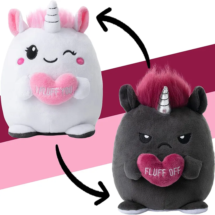 Stimmungskuscheltier, 16cm Plüschtier zum Wenden, Einhorn „Lily & Ruby“ weiß, rosa, anthrazit | fröhlich vs. genervt