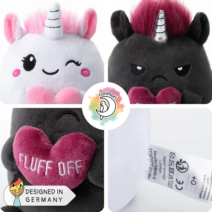 Stimmungskuscheltier, 16cm Plüschtier zum Wenden, Einhorn „Lily & Ruby“ weiß, rosa, anthrazit | fröhlich vs. genervt – Bild 5