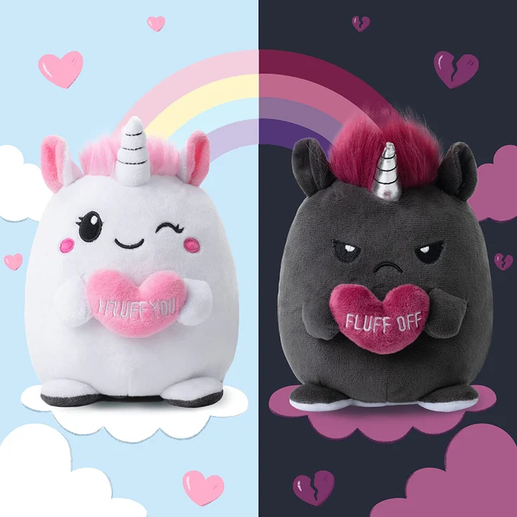Stimmungskuscheltier, 16cm Plüschtier zum Wenden, Einhorn „Lily & Ruby“ weiß, rosa, anthrazit | fröhlich vs. genervt – Bild 2