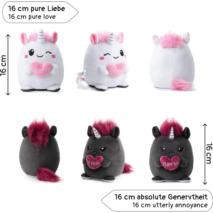 Stimmungskuscheltier, 16cm Plüschtier zum Wenden, Einhorn „Lily & Ruby“ weiß, rosa, anthrazit | fröhlich vs. genervt – Bild 3