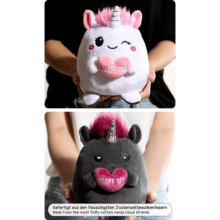 Stimmungskuscheltier, 16cm Plüschtier zum Wenden, Einhorn „Lily & Ruby“ weiß, rosa, anthrazit | fröhlich vs. genervt – Bild 4