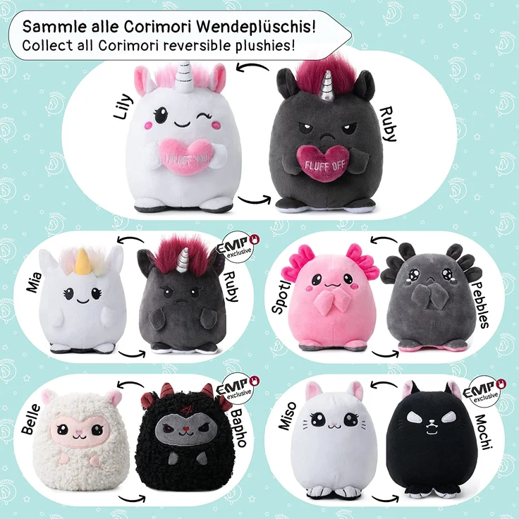Stimmungskuscheltier, 16cm Plüschtier zum Wenden, Einhorn „Lily & Ruby“ weiß, rosa, anthrazit | fröhlich vs. genervt – Bild 6