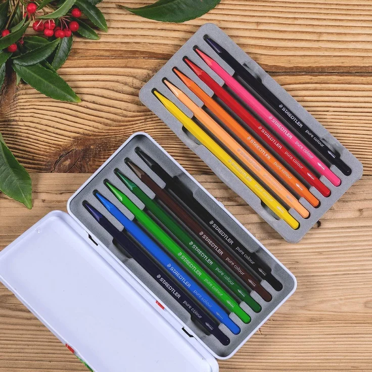 STAEDTLER 14610G M12 wasservermalbarer Vollfarbstift (Vollmine, ca. 7 mm Durchmesser, Sechskant, kein Holzmantel, hochpigmentiert, spitzbar mit Standard-Spitzer) Metalletui mit 12 brillanten Farben – Bild 2