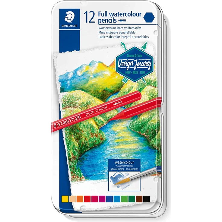 STAEDTLER 14610G M12 wasservermalbarer Vollfarbstift (Vollmine, ca. 7 mm Durchmesser, Sechskant, kein Holzmantel, hochpigmentiert, spitzbar mit Standard-Spitzer) Metalletui mit 12 brillanten Farben – Bild 1