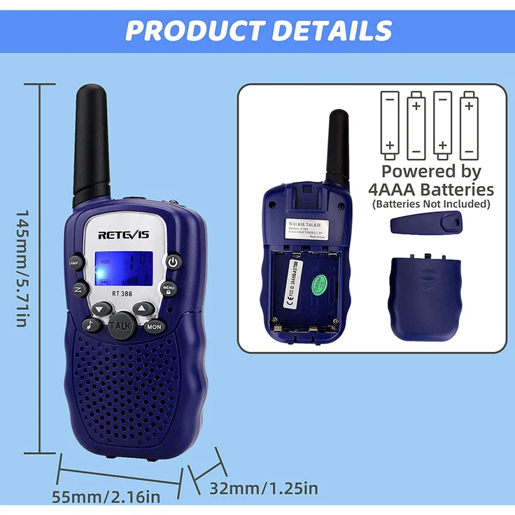 Retevis RT388 Walkie Talkie Kinder,Funkgeräte Kinder Langstrecken Taschenlampe,Spielzeug ab 4-12 Jahre,Geschenke Junge Mädchenfür Familienspiel, Radtouren, Ausflug(1 Paar,Dunkelblau) – Bild 7