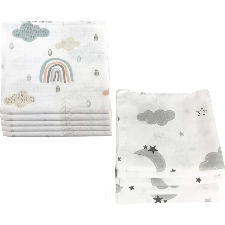 10x Spucktücher Mullwindeln Baby Baumwolle 80x70 cm (Wolken (5 grau, 5 grün)) – Bild 1